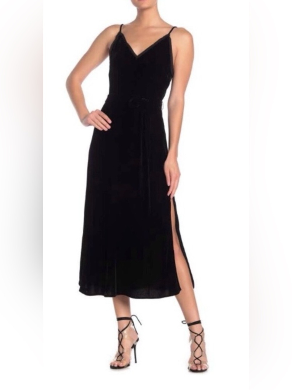 Frame Denim Black Velvet Side-Slit Midi Skirt